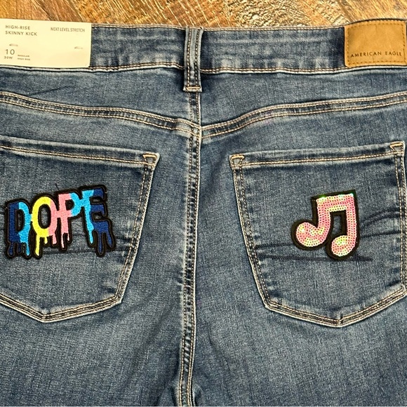 American Eagle Bootcut High Ruse Skinny Kick Jeans with Hand Sewn On Patches - Picture 2 of 8
